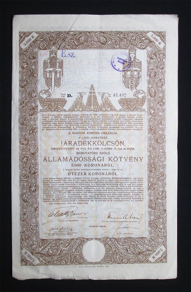 Államadóssági kötvény járadékkölcsön 5000 korona 1915 máj 6%